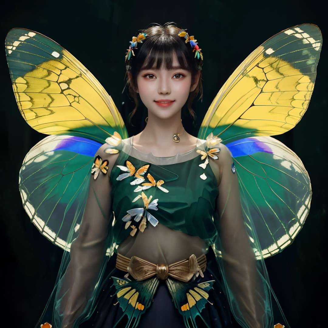 (Masterpiece, best quality, complex details),unreal engine, portrait,1girl, tiny cute and adorable, smile, wearing the beautiful butterfly, bare shoulders, chitin, 2 wings, (translucent, golden butterfly_wings), powdered gold,(forest:1.6), colorful, rimming light, lighting effect, <lora:ButterflyS:0.4> <lora:oliviaDiffusion_v2:0.3><lora:koreanDollLikeness_v15:0.3> <lora:fanSiSi_v11:0.5>  <lora:hipoly3DModelLora_v10:0.4>