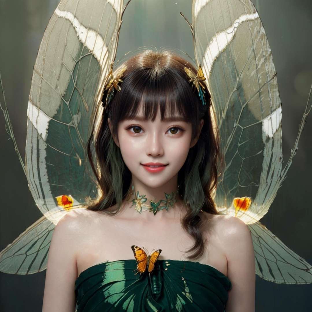 (Masterpiece, best quality, complex details),unreal engine, portrait,1girl, tiny cute and adorable, smile, wearing the beautiful butterfly, bare shoulders, chitin, 2 wings, (translucent, golden butterfly_wings), powdered gold,(forest:1.6), colorful, rimming light, lighting effect, <lora:ButterflyS:0.4> <lora:oliviaDiffusion_v2:0.3><lora:koreanDollLikeness_v15:0.3> <lora:fanSiSi_v11:0.5>  <lora:hipoly3DModelLora_v10:0.4>