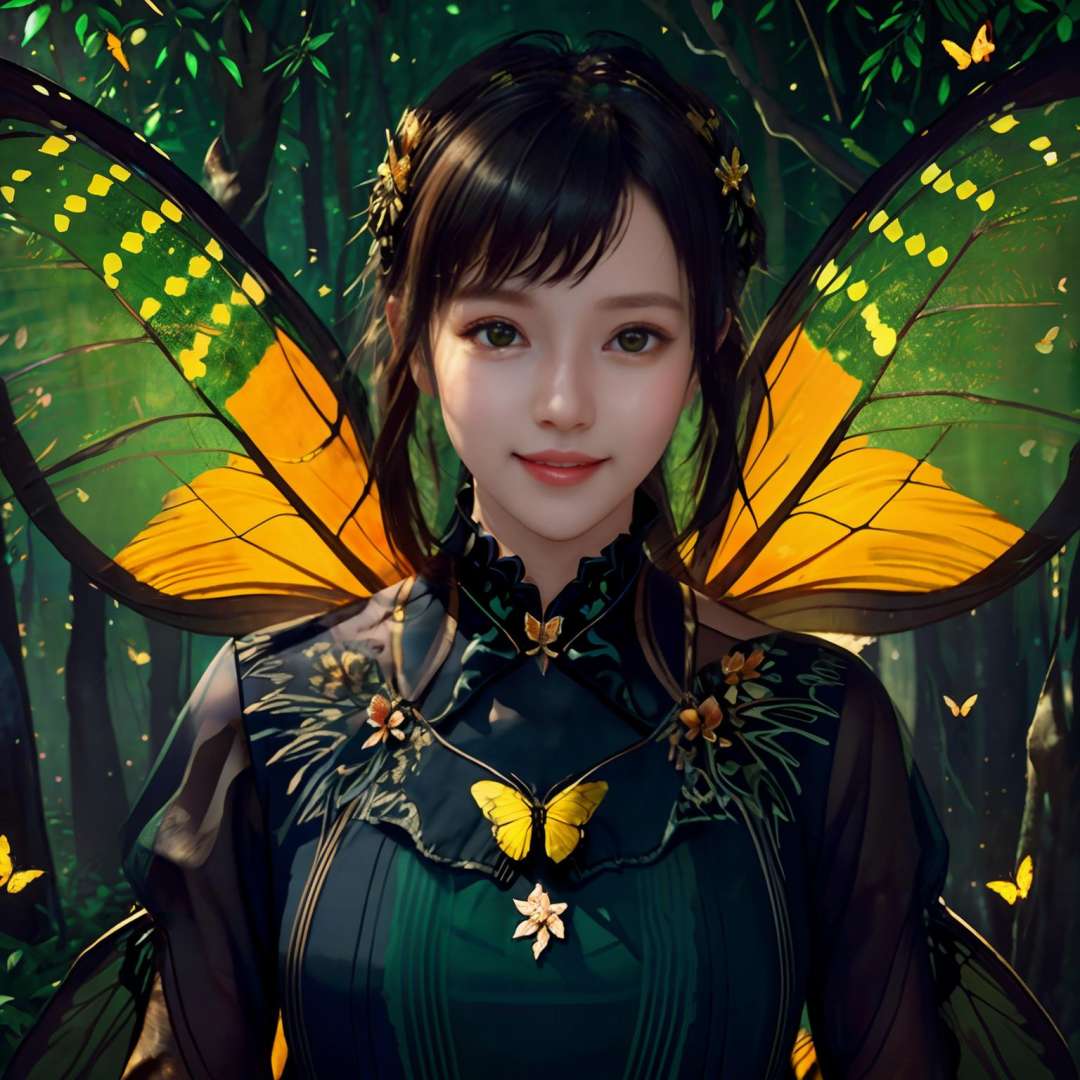 (Masterpiece, best quality, complex details),unreal engine, portrait,1girl, tiny cute and adorable, smile, wearing the beautiful butterfly, bare shoulders, chitin, 2 wings, (translucent, golden butterfly_wings), powdered gold,(forest:1.6), colorful, rimming light, lighting effect, <lora:ButterflyS:0.4> <lora:oliviaDiffusion_v2:0.3><lora:koreanDollLikeness_v15:0.3> <lora:fanSiSi_v11:0.5>  <lora:hipoly3DModelLora_v10:0.4>