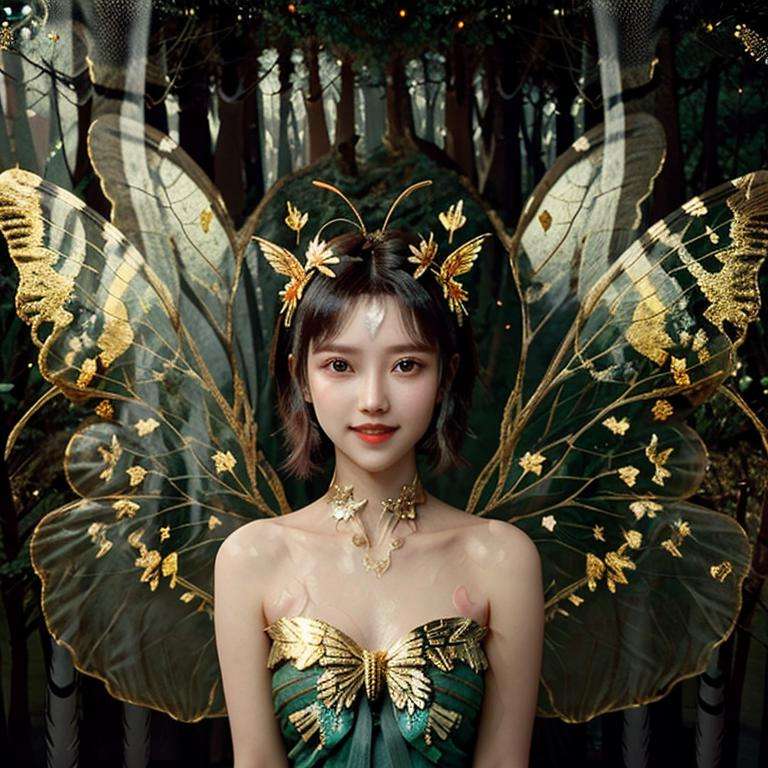 (Masterpiece, best quality, complex details),unreal engine, portrait,1girl, tiny cute and adorable, smile, wearing the beautiful butterfly, bare shoulders, chitin, 2 wings, (translucent, golden butterfly_wings), powdered gold,(forest:1.6), colorful, rimming light, lighting effect,<lora:ButterflyX:0.6><lora:oliviaDiffusion_v2:0.3><lora:koreanDollLikeness_v15:0.3> <lora:fanSiSi_v11:0.5>  <lora:hipoly3DModelLora_v10:0.4>  