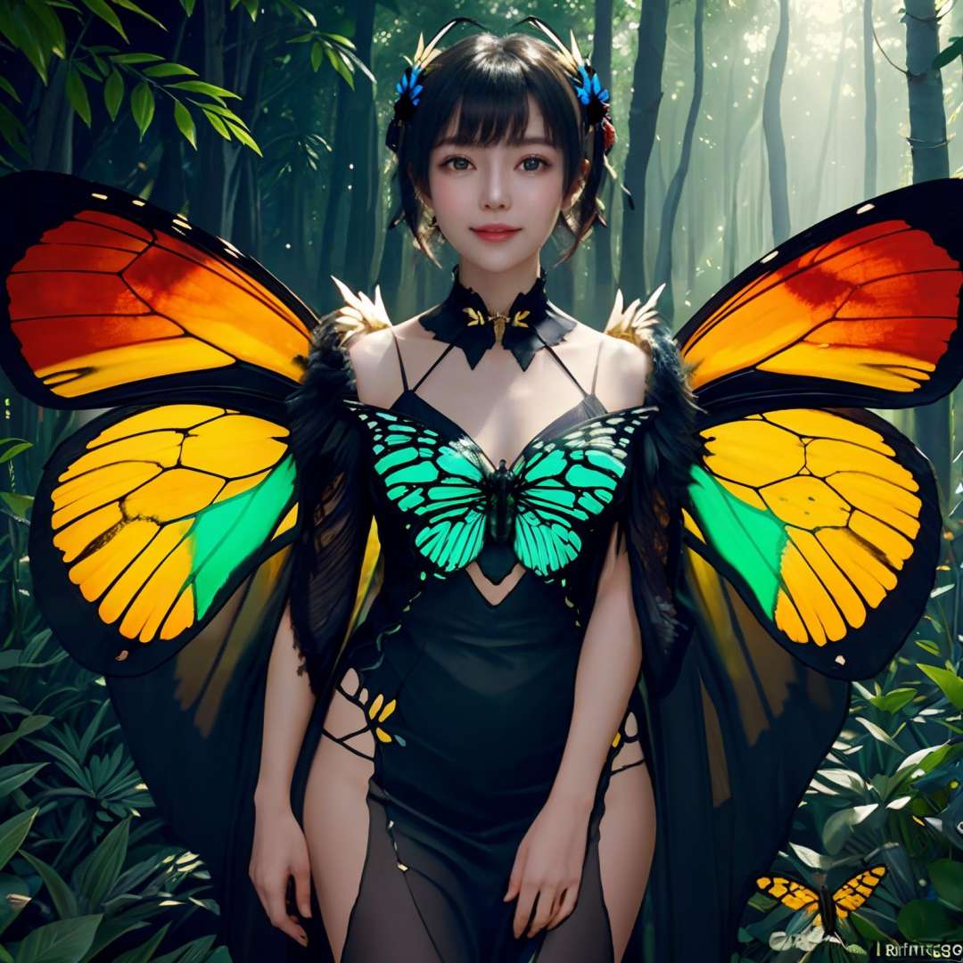 (Masterpiece, best quality, complex details),unreal engine, portrait,1girl, tiny cute and adorable, smile, wearing the beautiful butterfly, bare shoulders, chitin, 2 wings, (translucent, golden butterfly_wings), powdered gold,(forest:1.6), colorful, rimming light, lighting effect, <lora:ButterflyS:0.4> <lora:oliviaDiffusion_v2:0.3><lora:koreanDollLikeness_v15:0.3> <lora:fanSiSi_v11:0.5>  <lora:hipoly3DModelLora_v10:0.4>