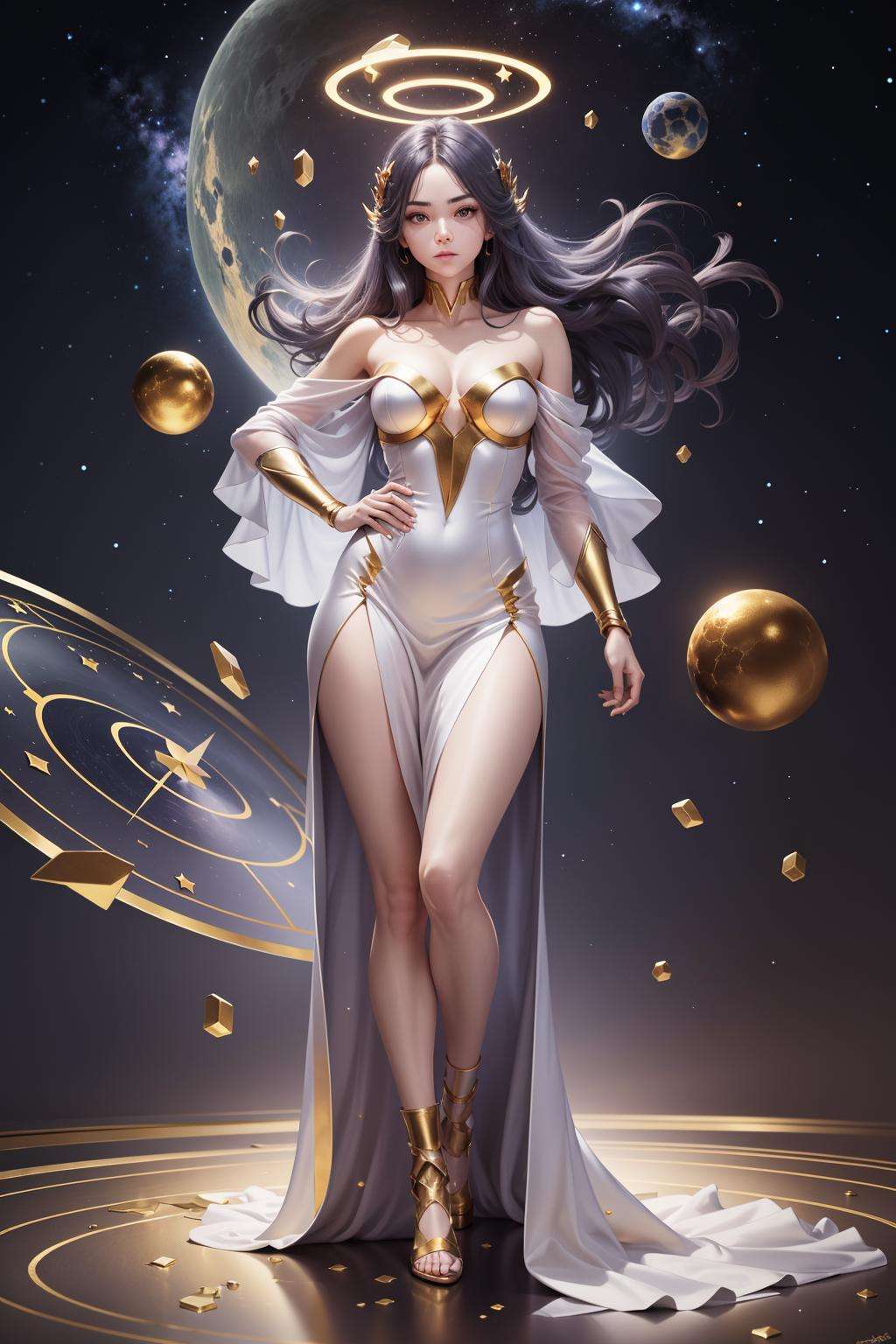 ((best quality)),((masterpiece)), 1girl, animated,celestial,deity,goddess,light particles,halo,looking at viewer,Resolute eyes,bare shoulders,Float in universe, fighting stance, starry sky,meteor crater, on Mars,Meteoric swarm,Out In Space,<lora:icons-GoBk-000006:1>,