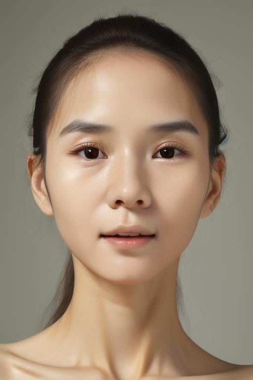 Studio photo, face close-up, Han liona, front view, simple grey background, extremely detailed face and body, fully naked   <lora:liona:1.2>