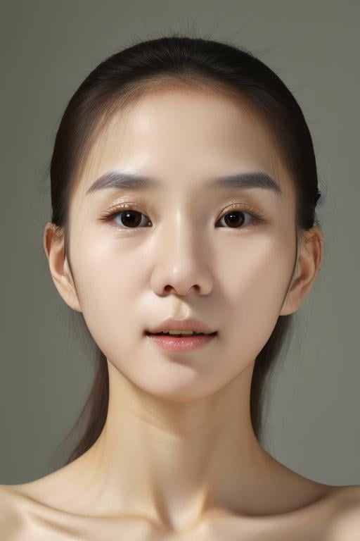 Studio photo, face close-up, Korean liona, front view, simple grey background, extremely detailed face and body, fully naked   <lora:liona:1.2>