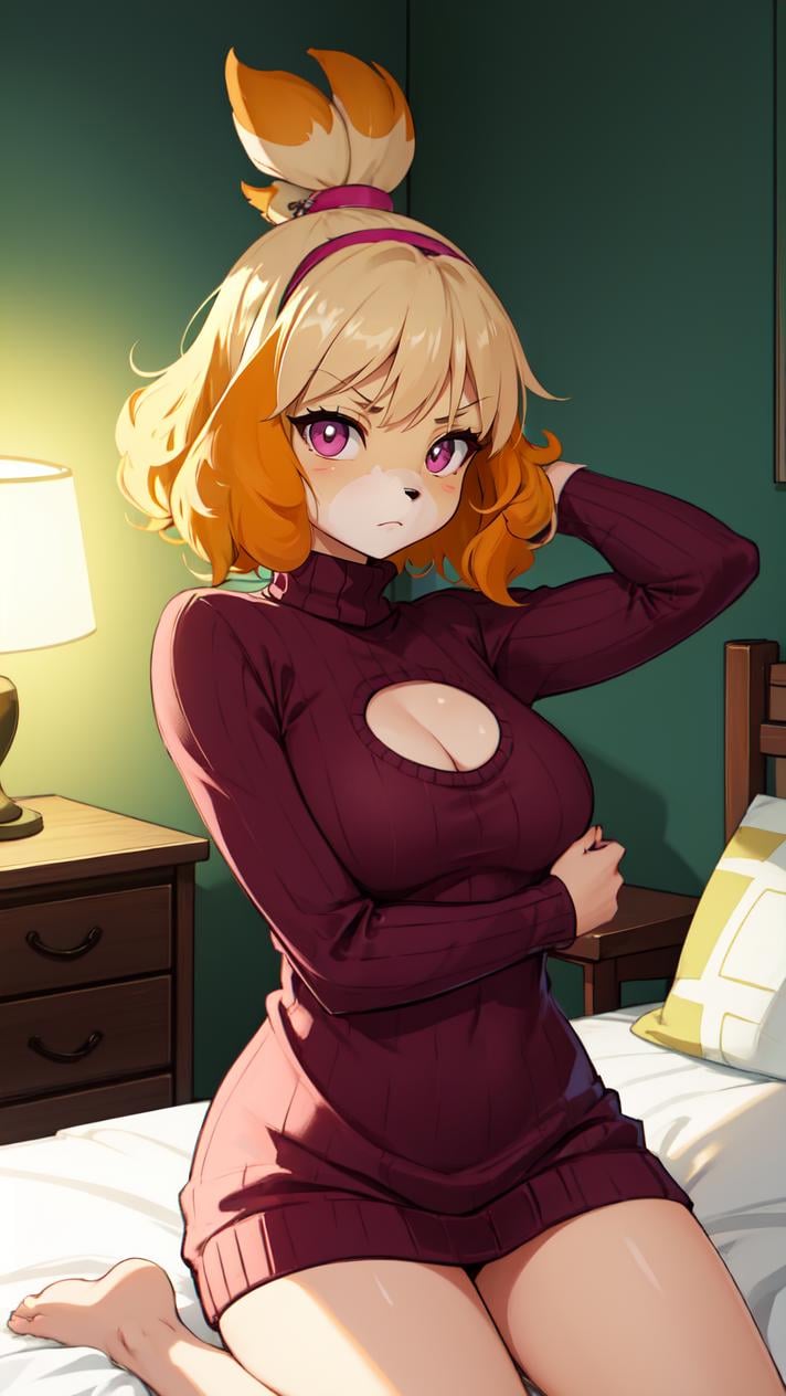 isabelle \(animal crossing\), (masterpiece, best quality:1.2), 1girl, solo, medium breasts, pink eyes, looking ahead, meme attire, turtleneck sweater, hand up, adjusting hair, indoors, bedroom, bed, pillows, duvet, bedside table, lamp, window, headboard, mattress, sheets, drapes, nightstand, reading nook, accent wall, day, hot, scorching, heat, short hair, curly bob, hairband, indifferent, serious face, rhombus-shaped face, angular chin, broad forehead