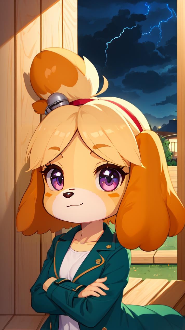 (isabelle \(animal crossing\):1.05), (masterpiece, best quality:1.1), 1girl, solo, small breasts, burgundy eyes, looking up, arms crossed, night, night sky, stormy, lightning, wide forehead, big eyes, small nose, trench coat, medium hair, crossed bangs, ahoge, compassionate, indoors, sauna, benches, towels, heat, essential oils