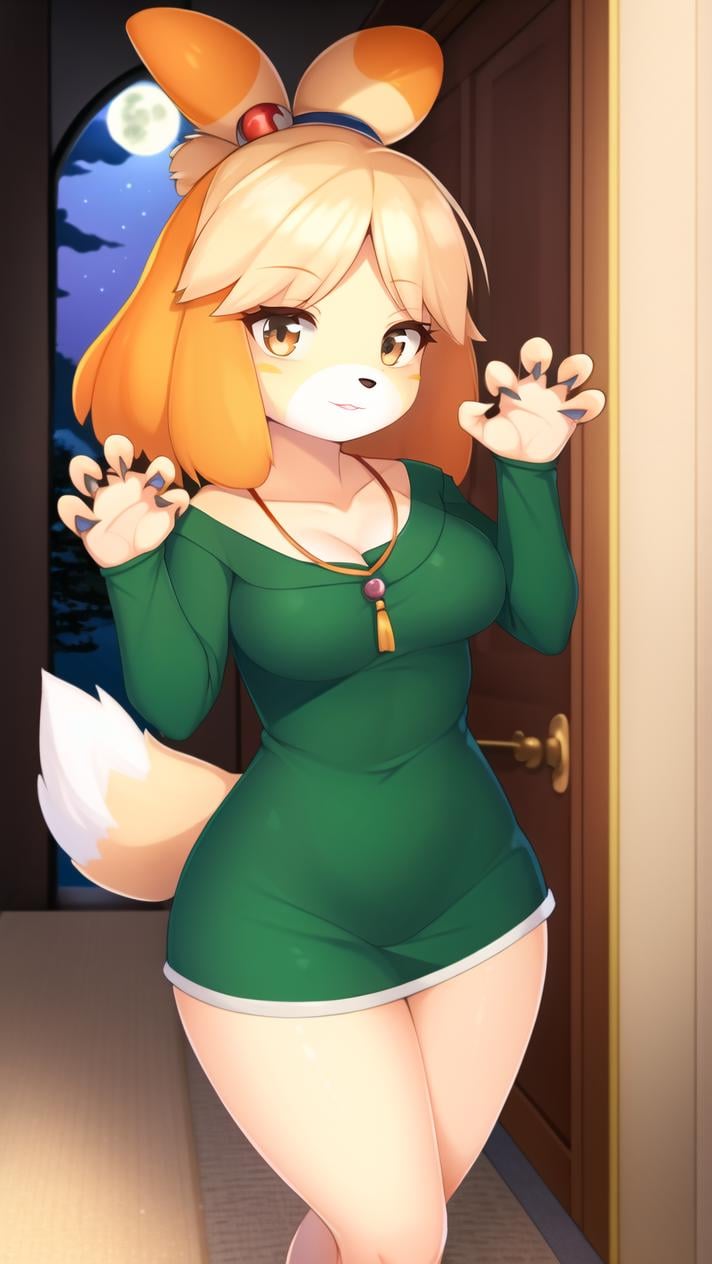 isabelle \(animal crossing\), (masterpiece, best quality:1.15), 1girl, solo, medium breasts, half-closed eye, looking afar, night, bright, moonlight, animal pose, claw pose, hands up, indoors, hallway, archway, door, tiles, carpet, wall art, medium hair, twisted bun, blouse, confused, full lips, round cheeks, narrow jawline