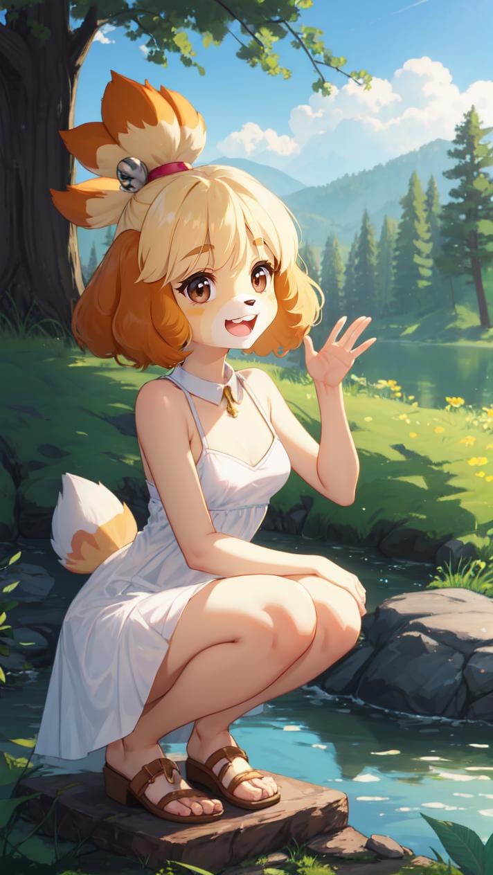 isabelle \(animal crossing\), (masterpiece, best quality:1.2), 1girl, solo, small breasts, looking afar, brown eyes, squatting, hand up, waving, flowing dress, day, golden hour, outdoors, state park, lake, hiking trails, camping, serene, picturesque, tranquil, peaceful, forest, wildlife spotting, short hair, curly bob, ecstatic, open mouth, smile, defined eyebrows, small mouth, defined cheekbones