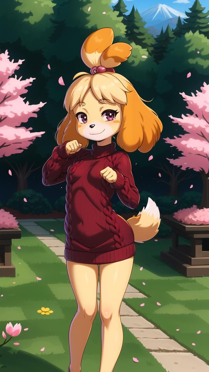(isabelle \(animal crossing\):1.1), (masterpiece, best quality:1.15), 1girl, solo, small breasts, looking at viewer, maroon eyes, standing, crossed legs, meme attire, virgin killer sweater, day, picturesque, idyllic, outdoors, cherry blossoms, tree, japanese architecture, park, pink, flowers, petals, falling petals, japanese garden, zen, sakura, long hair, French braid, ahoge, affectionate, small forehead, small eyes, flat nose