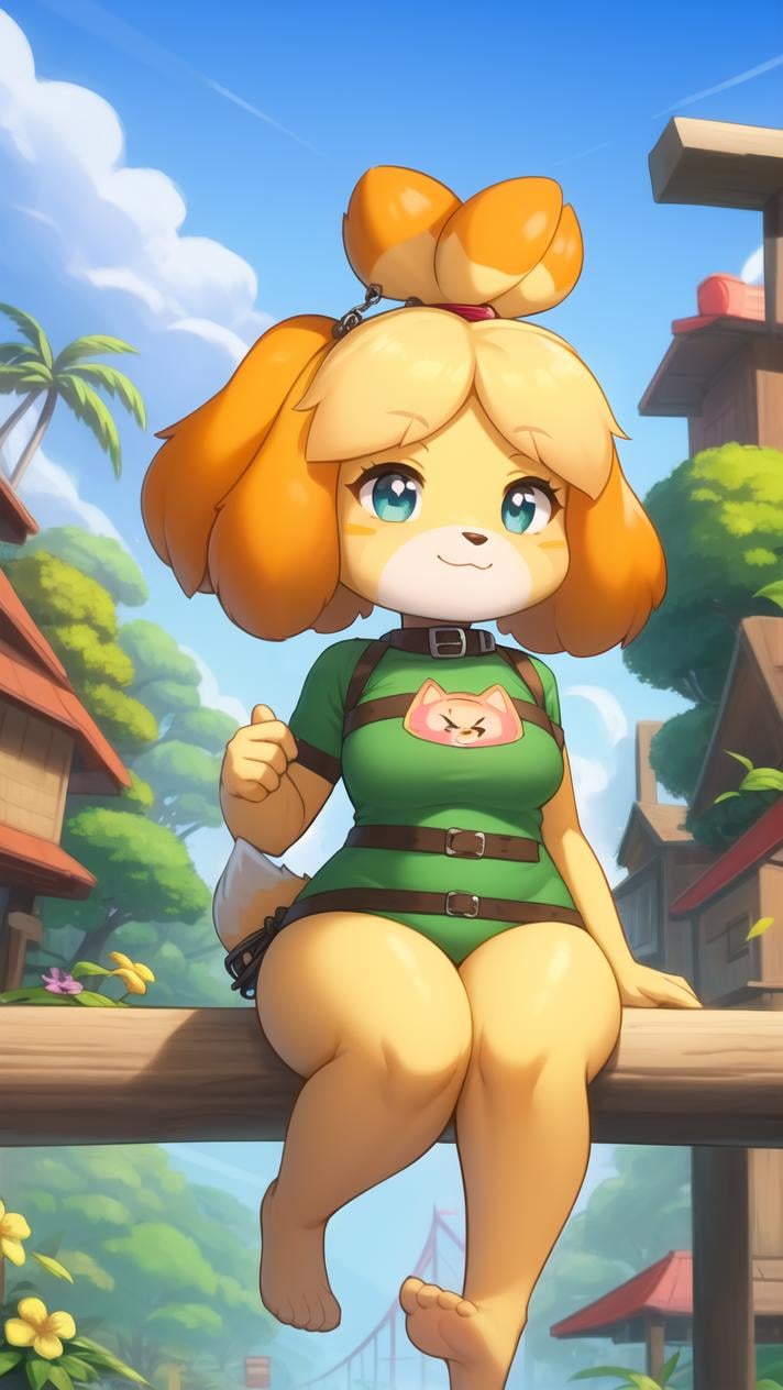 (isabelle \(animal crossing\):1.1), (masterpiece, best quality:1.1), 1girl, solo, medium breasts, turquoise eyes, day, sky, windy, day, sunlight, looking to the side, outdoors, zipline course, trees, plant, flower, tropical, canopy, harness, adrenaline, jungle, suspension bridge, medium hair, choppy cut, meme attire, cat cutout, optimistic, pear-shaped face, small nose, defined jawline