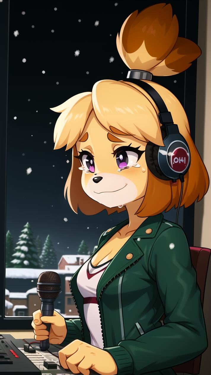 (isabelle \(animal crossing\):1.1), (masterpiece, best quality:1.15), 1girl, solo, medium breasts, burgundy eyes, day, snowy, blizzard, night, misty moring, looking to the side, indoors, recording studio, sound booth, mixing board, instruments, speakers, headphones, microphones, cables, pop filter, acoustic treatment, short hair, undercut, leather jacket, miserable, tears, small nose, thick eyebrows, high forehead, plaid