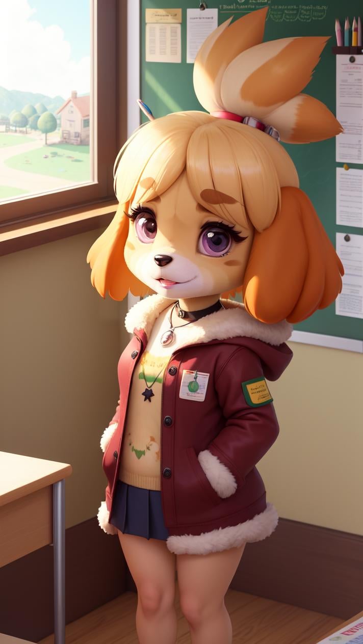 (isabelle \(animal crossing\):1.1), (masterpiece, best quality:1.2), 1girl, solo, small breasts, burgundy eyes, looking up, standing, knees together feet apart, day, sun, sky, sunlight, clear sky, \;o\, short hair, asymmetrical cut, hair between eyes, indoors, classroom, school chair, desk, book, book stack, globe, map, poster, chalk, eraser, bulletin board, thin lips, defined eyebrows, sharp nose, coat