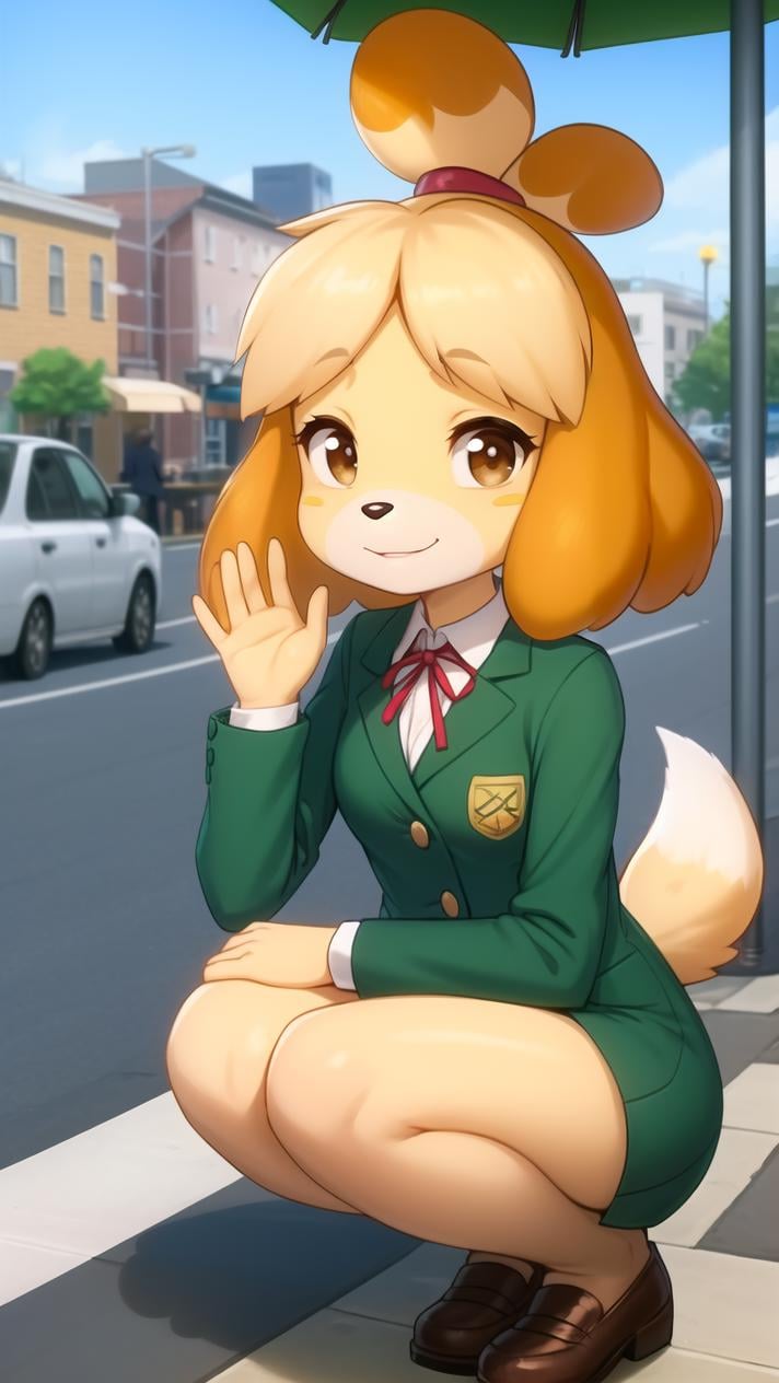 (isabelle \(animal crossing\):1.1), (masterpiece, best quality:1.1), 1girl, solo, small breasts, brown eyes, looking afar, squatting, hand up, waving, day, balmy, delightful, ashamed, medium hair, swept bangs, outdoors, outside cafe, table, city, sidewalk, umbrella, street vendor, menu, coffee, crosswalk, downturned eyes, small nose, full cheeks, winter uniform