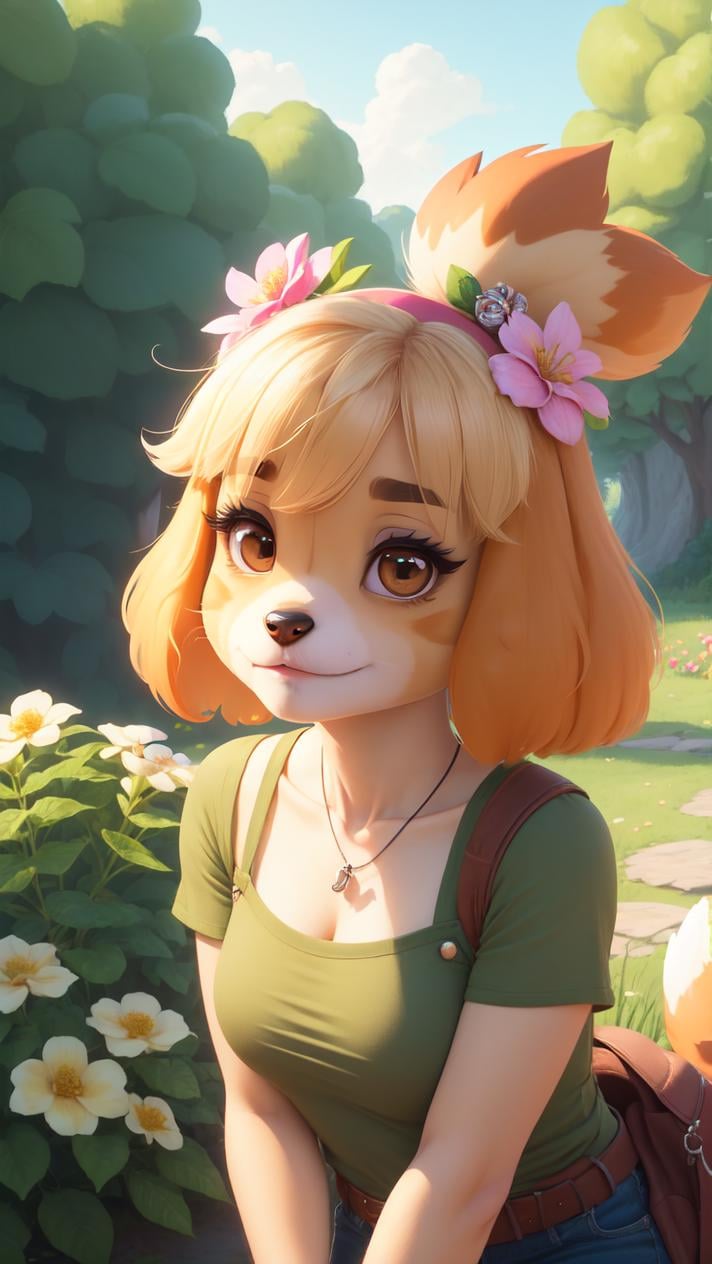(isabelle \(animal crossing\):1.05), (masterpiece, best quality:1.1), 1girl, solo, medium breasts, gray eyes, looking up, square-neck top, leaning forward, shushing, finger to mouth, outdoors, botanical trail, flower, plant, hiking path, petals, serene, beautiful, lush, scenic, natural retreat, dawn, early morning, short hair, pixie cut, hairband, annoyed, smug, diamond-shaped face, arched eyebrows, long lashes