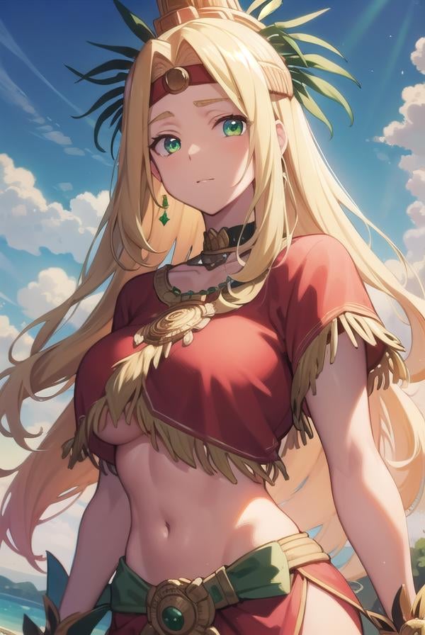 quetzalcoatl, <lora:quetzalcoatl-lora-nochekaiser:1>,quetzalcoatl, long hair, sidelocks, yellow hair, (green eyes:1.5), wavy hair, (large breast:1.2),BREAK aztec, bracelet, choker, headband, headdress, jewelry, midriff, navel, short sleeves, wristlet,BREAK looking at viewer,BREAK outdoors,BREAK <lyco:GoodHands-beta2:1>, (masterpiece:1.2), best quality, high resolution, unity 8k wallpaper, (illustration:0.8), (beautiful detailed eyes:1.6), extremely detailed face, perfect lighting, extremely detailed CG, (perfect hands, perfect anatomy),