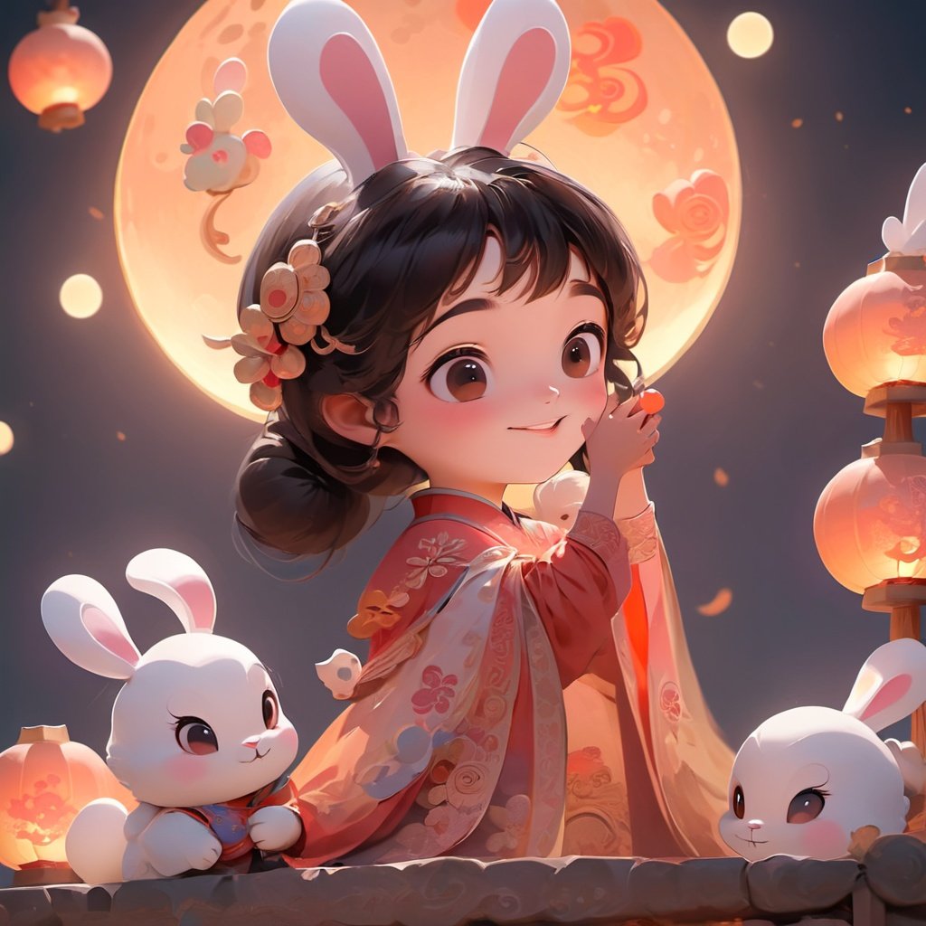 (\zhong qiu\),1girl, rabbit, rabbit ears, hair ornament, moon, smile, brown hair, full moon, solo, holding, night, black hair, black eyes, brown eyes, long sleeves