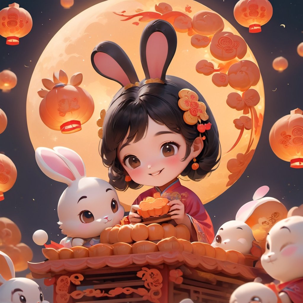 (\zhong qiu\),1girl, rabbit, rabbit ears, hair ornament, moon, smile,  full moon, solo, holding, night, black hair, brown eyes, long sleeves,mooncake,food,