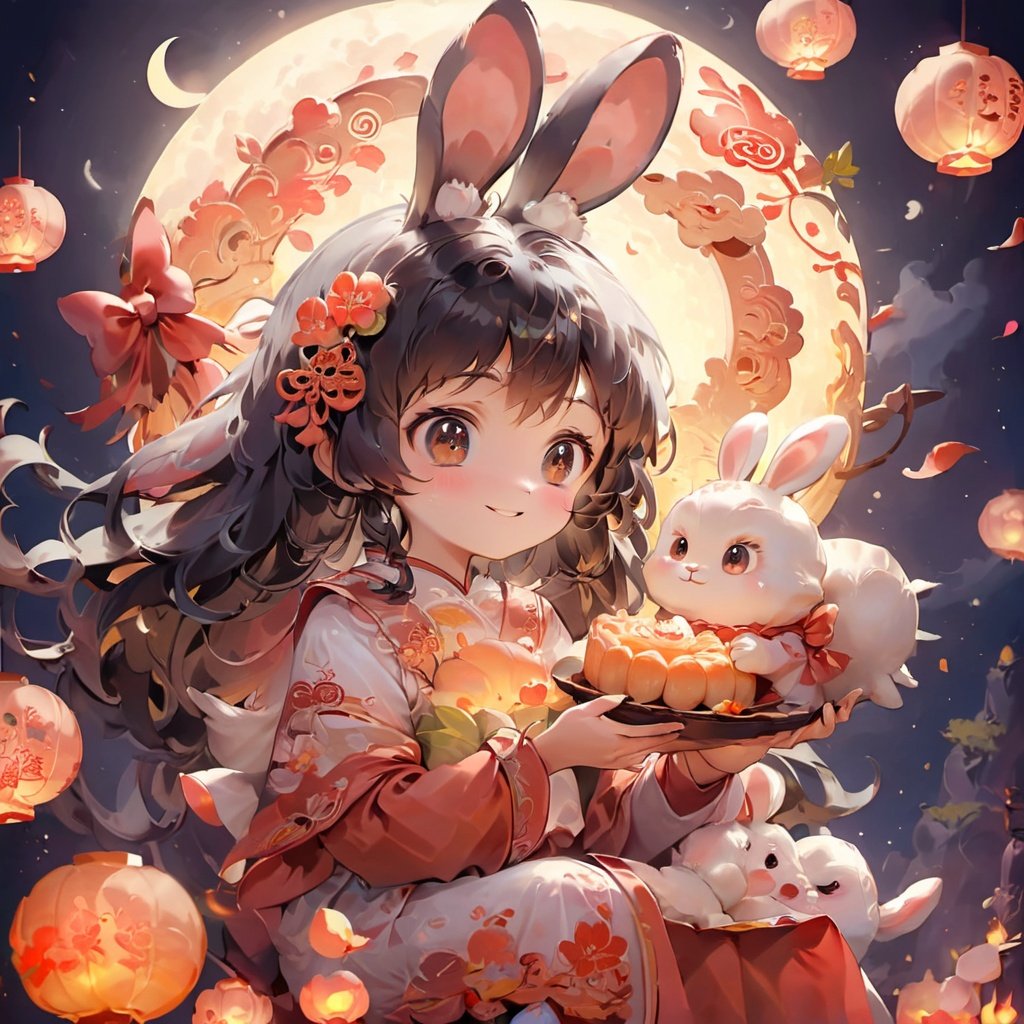 (\zhong qiu\),1girl, rabbit, rabbit ears, hair ornament, moon, smile,  full moon, solo, holding, night, black hair, brown eyes, long sleeves,mooncake,food,,amazing6