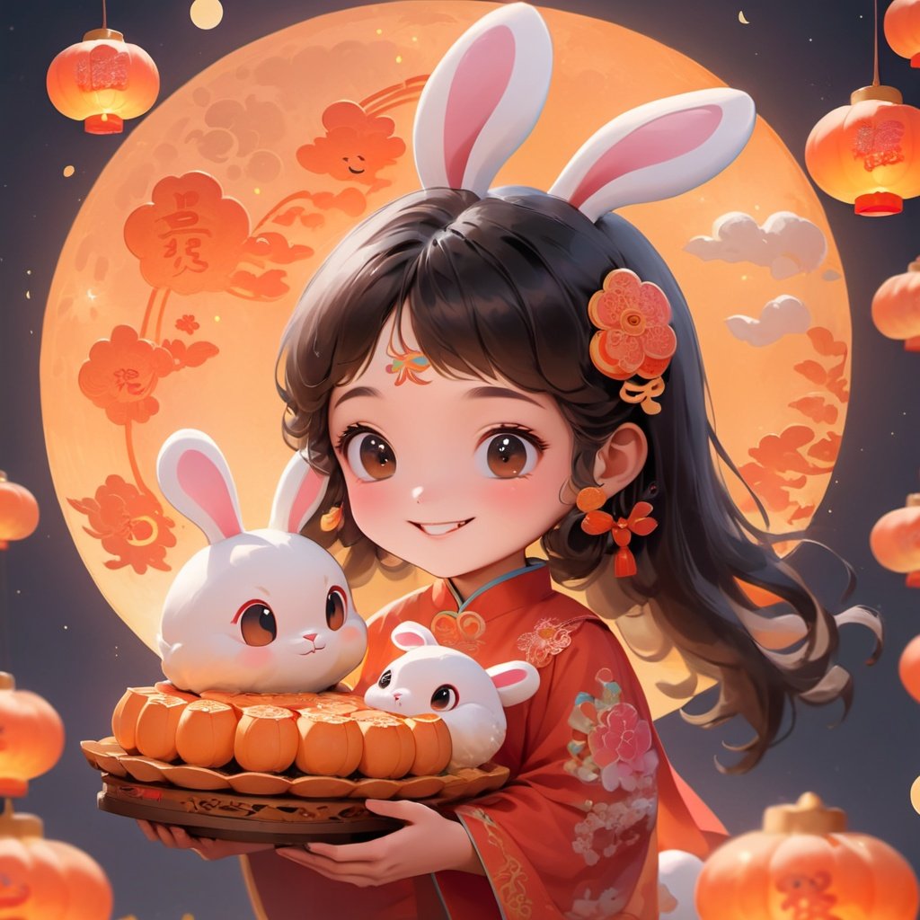 (\zhong qiu\),1girl, rabbit, rabbit ears, hair ornament, moon, smile,  full moon, solo, holding, night, black hair, brown eyes, long sleeves,mooncake,food,