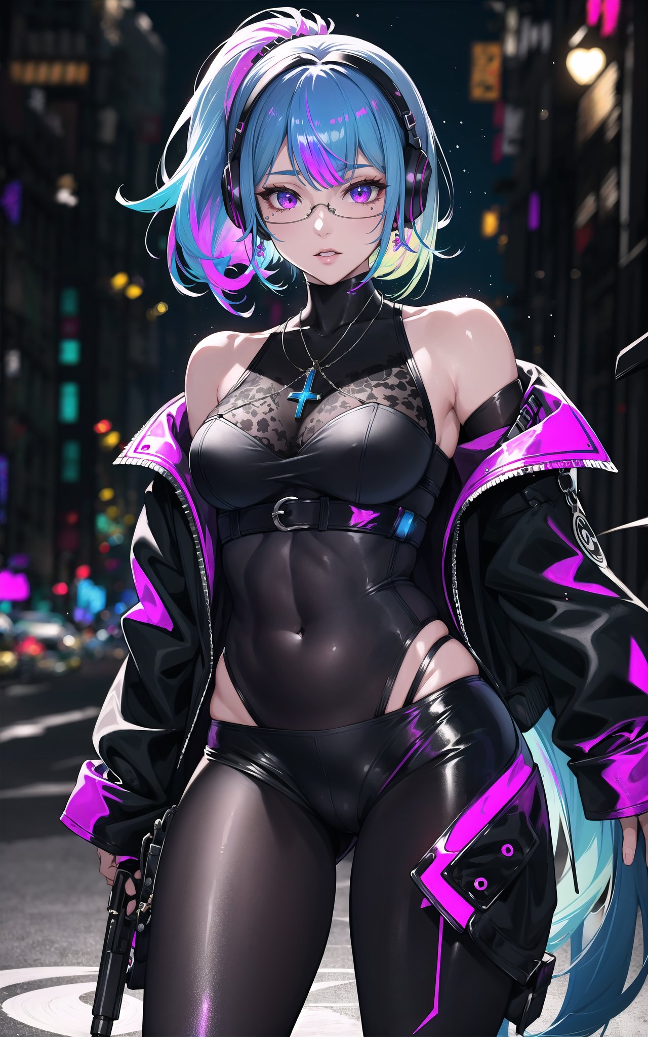 (masterpiece,  best quality:1.4),  top quality,  insaneres,  digital illustration,  (faux Traditional Media),  Manga,  tomboy,  jacket,  off shoulder,  chain,  earrings,  (dynamic pose),  [anime visual],  centered,  (8k resolution),  1girl,  glow lines,  rainbow colors,  cg unity wallpaper official art,  (cowboy shot:1.3),  wind lift,  looking at viewer,  gradient eyes,  necklace,  cropped jacket,  spacesuit,  musical note,  sound waves,  (thick lineart),  outline,  headphones,  techno,  psychadelic,  glass,  transparent,  iridescent,  standing,  contrapposto,  space,  (iridescent:1.4),  (shiny:1.3),  galaxy print,  cybernetic parts,  (intricate details),  extemely detailed,  solo,  floating,  surreal,  fantasy,  (neon sign),  city,  otherworldly,  (gradients),  blending,  dynamic posture,  transparent,  retro artstyle,  (ultra-detailed),  (swept bangs,  low ponytail:1.2),  eye reflection,  glowing eyes,  (multicolored theme:1.2),  science fiction,  (space art:0.2),  (blurry background,  deep depth of field:1.5),  (sharp focus),  volumetric lighting,  rim lighting,  (outline),  holding gun,  energy, ff14bg, 1 girl, <lora:EMS-48308-EMS:0.600000>, , <lora:EMS-7851-EMS:0.200000>, , <lora:EMS-13102-EMS:0.400000>
