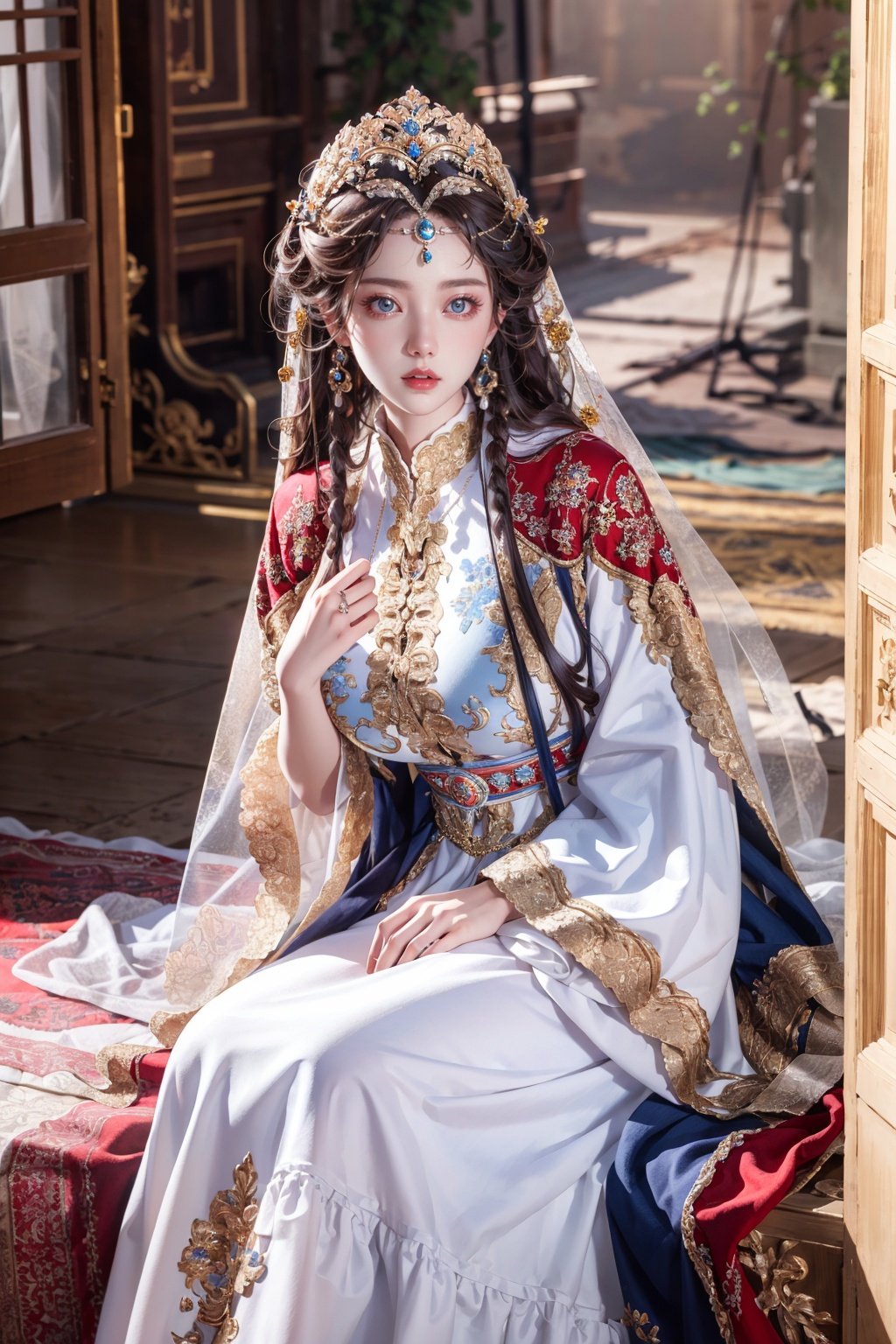 (Masterpiece, Best Quality), a girl in a white and blue dress. Luxurious dress, detailed fabric texture, ray tracing, ultra wide angle, 4K, award-winning, Yuyao, huge breasts, long hair, luxury, nobility, beauty, ultra realistic, ultra clear picture quality, 8K, luxurious palace background, domineering queen, enchanting figure, dynamic posture, sitting, full of immortality, soft light. On the other side of the flower is a large box, official art, 8k unit wallpaper, super detailed, beautiful, masterpiece, best quality, very detailed, dynamic angle, realistic, realistic, detailed details, clear focus, movie lighting,