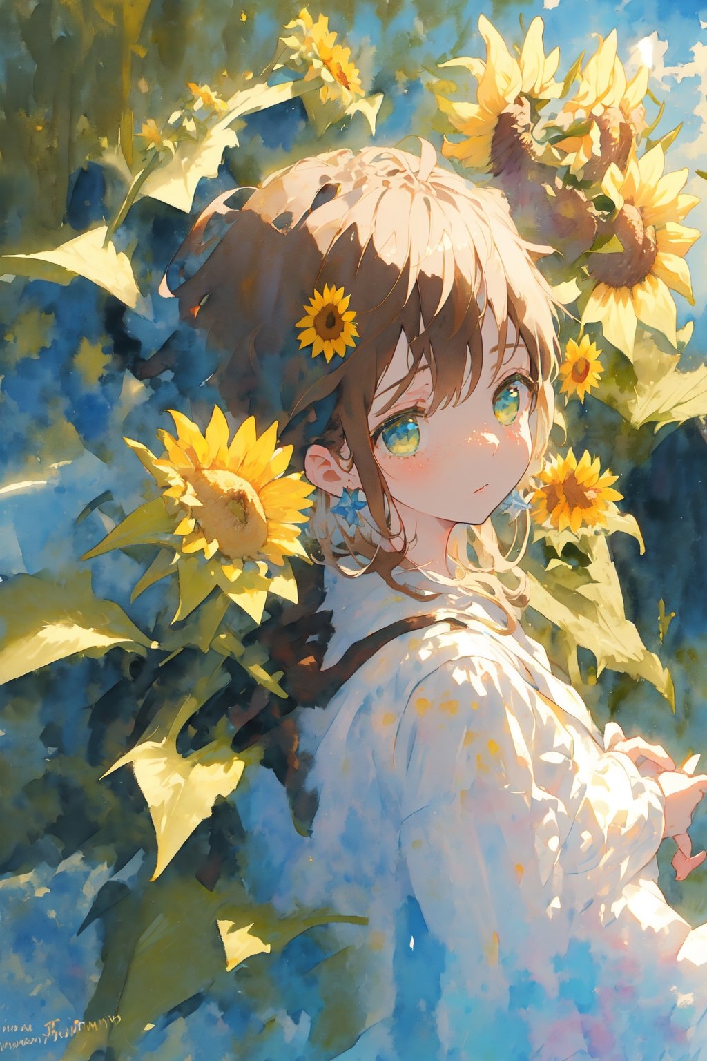 (watercolor:1.2),1girl, solo, flower, sunflower,freckles, portrait, leaf, bangs, signature, yellow flower, brown hair, long hair, green eyes, hair between eyes, flower earrings
,midjourney