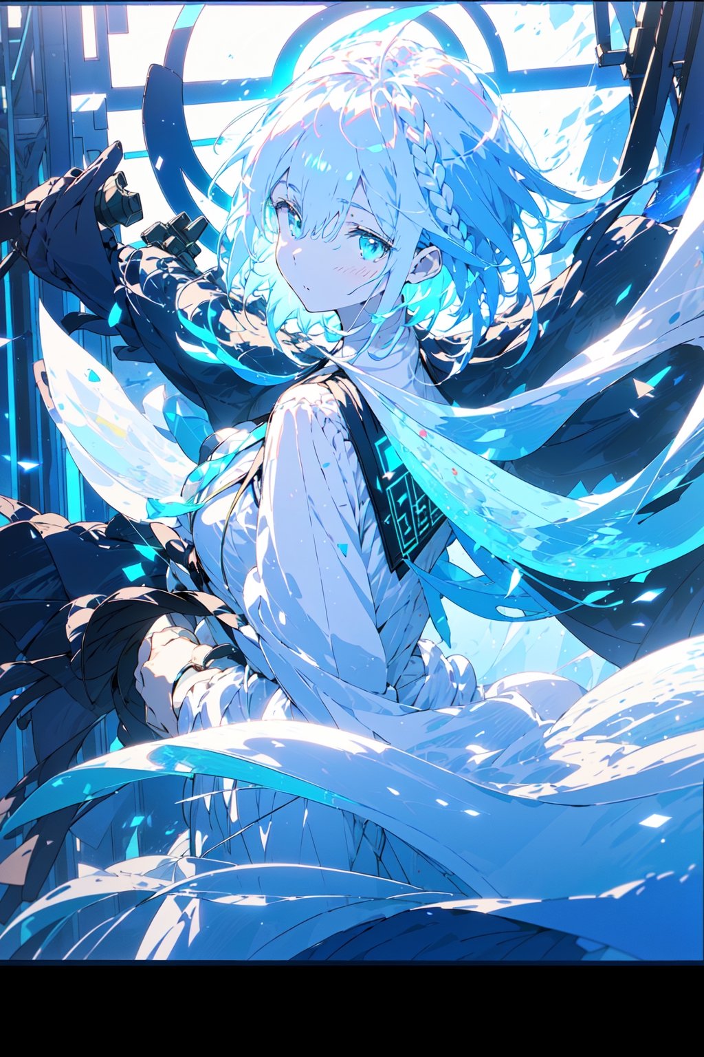 1girl, short hair, ((shimmer hair, (glowing hair), iridescent hair, (translucent hair), light blue selenite hair)), hair in the style of (houseki no kuni), beautiful detailed eyes, white robes,  dutch angle, cinematic, looking_at_viewer, walking toward viewer