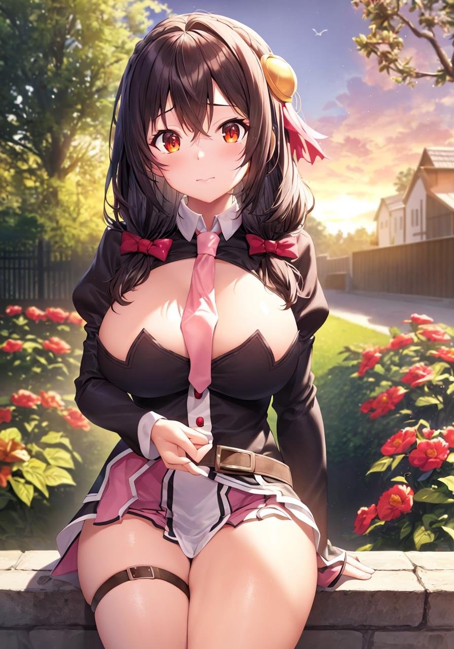 masterpiece,best quality, (Highest picture quality), (Master's work),(8K wallpaper),extremely detailed, perfect lighting,highres,reality ray tracing,1girl,yunyun,yunyun's style,hair bow,garden, sunset <lora:YunYun_V2.2:1>
