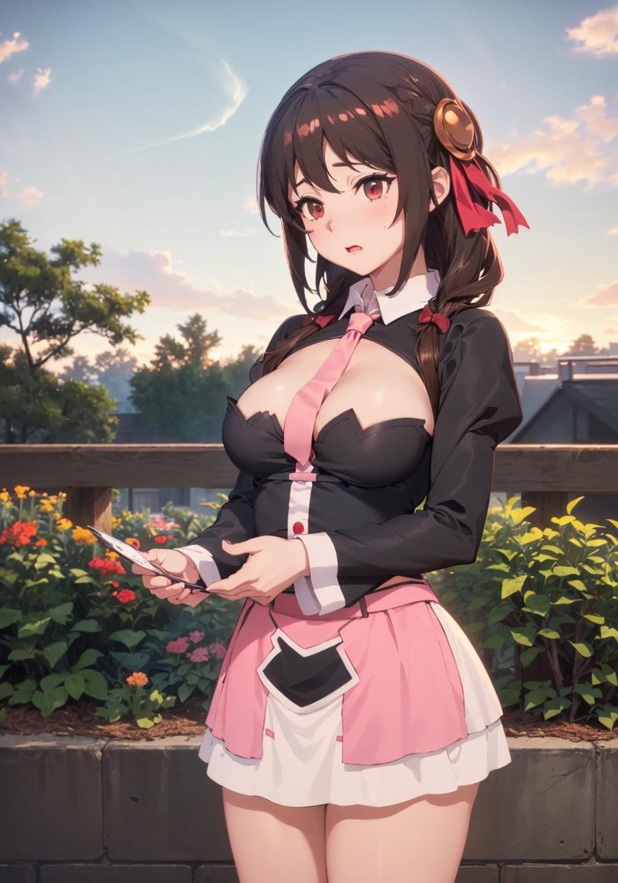 masterpiece,best quality, (Highest picture quality), (Master's work),(8K wallpaper),extremely detailed, perfect lighting,highres,reality ray tracing,1girl,yunyun,yunyun's style,hair bow,garden,sunset <lora:YunYun_V2.2:1>