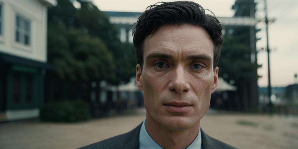 cinematic style,Cillian Murphy,solo,close-up,cibophobia,from below,dark tailored suit,parted lips,outdoors,blurry background,photorealistic,masterpiece,best quality,ultra highres,beautiful and detailed skin,realistic,dark,<lora:Oppenheimer-000000:1>,