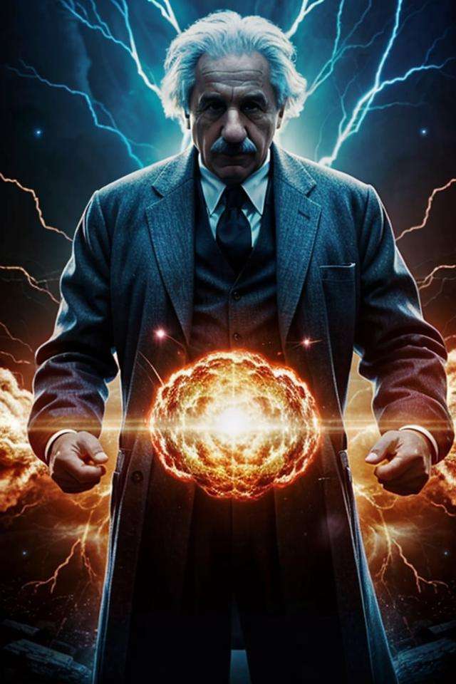 a upper body shot photo of 1man surrounded by orange explode,Einstein,white coat,silhouette,cutout,open arms,nuclear explosion,blurry background,<lora:Oppenheimer>,