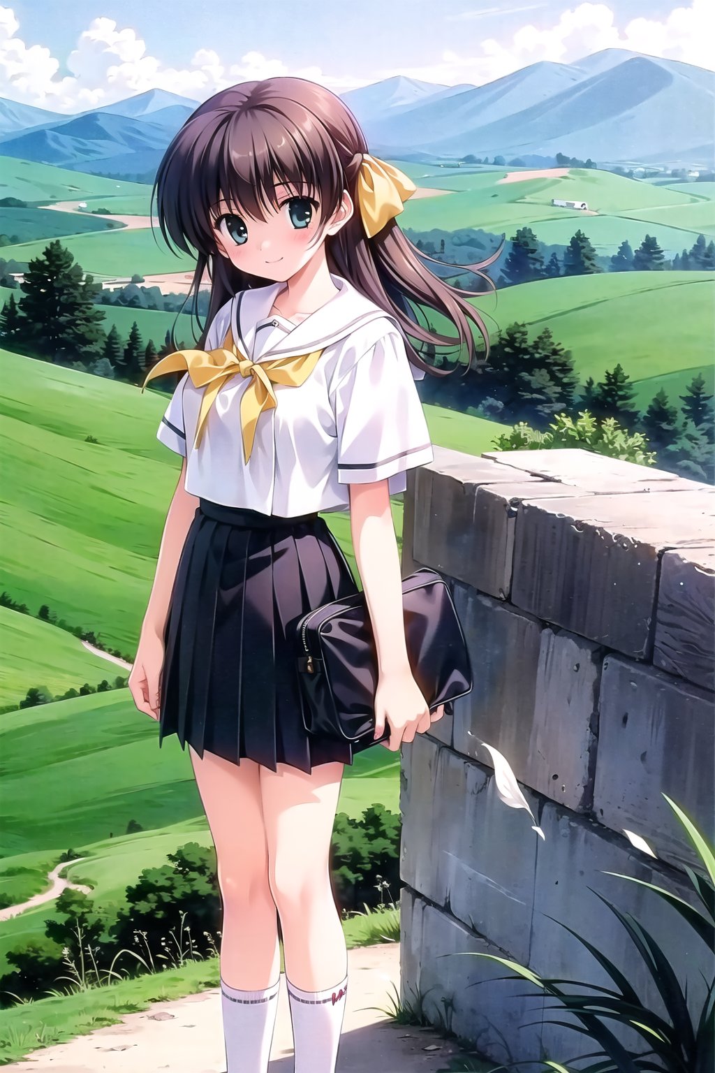 (Masterpiece, Best Picture Quality, Best Picture Quality Score: 1.3), (Sharpest Picture Quality), Perfect Beautiful Woman: 1.5, brown hair), (school uniform), (woman standing in olive field), (solitude), (best smile), (very beautiful view),  flapping skirt, panties visible, (pleated dark blue skirt ), (loose socks),yellow ribon,