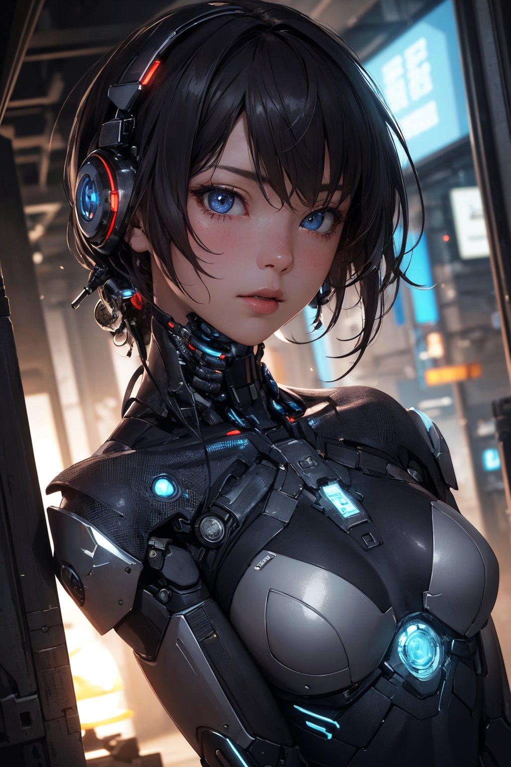 (masterpiece, best quality:1.5), (photorealistic:1.3), official art, absurdres, unity 32k wallpaper, ultra-detailed, intricate details, HDR, soft lighting, vibrant, depth of field, 1girl, cyborg, cyberpunk, science fiction, mechanical parts, dynamic angles