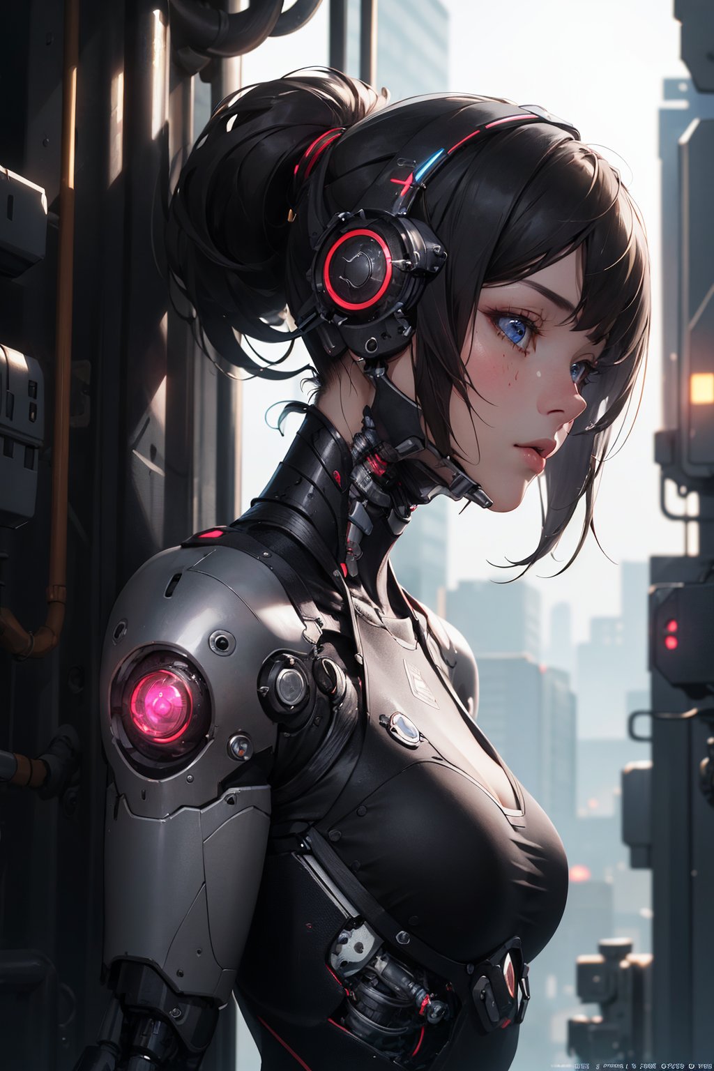 (masterpiece, best quality:1.5), (photorealistic:1.3), official art, absurdres, unity 32k wallpaper, ultra-detailed, intricate details, HDR, soft lighting, vibrant, depth of field, 1girl, cyborg, cyberpunk, science fiction, mechanical parts, dynamic angles