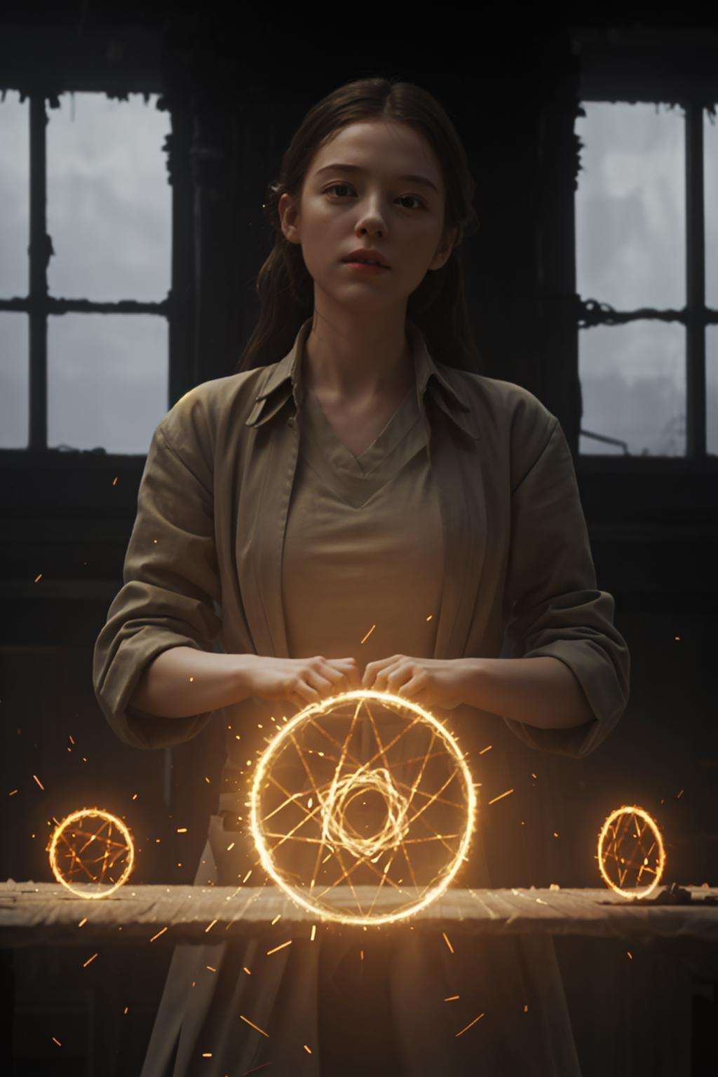 masterpiece,realistic,1girl is building a magic circle, <lora:magic_v3beta:0.55>,