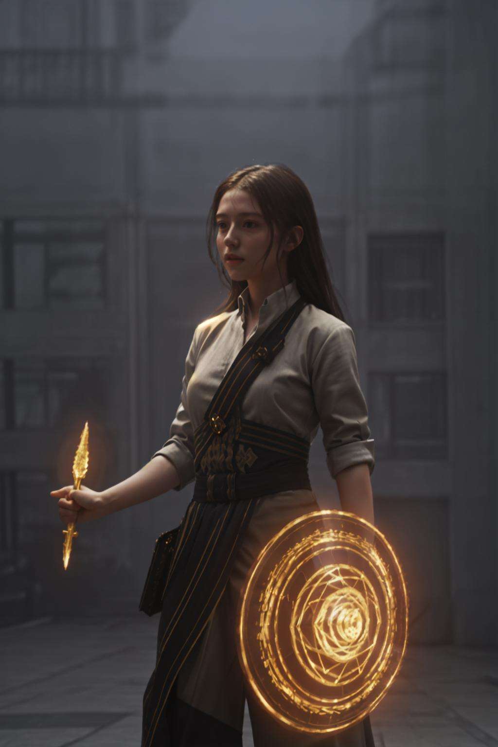 masterpiece,realistic,1girl is holding a magic shield, <lora:magic_v3beta:0.55>,