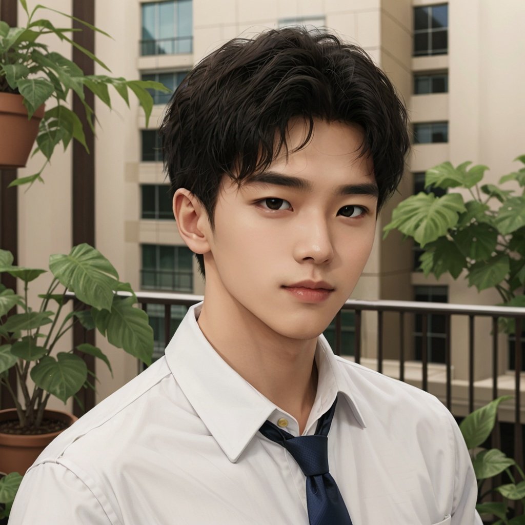 masterpiece, 1 Man, Handsome, Look at me, White shirt, Tie, balcony, Potted plant, Portrait