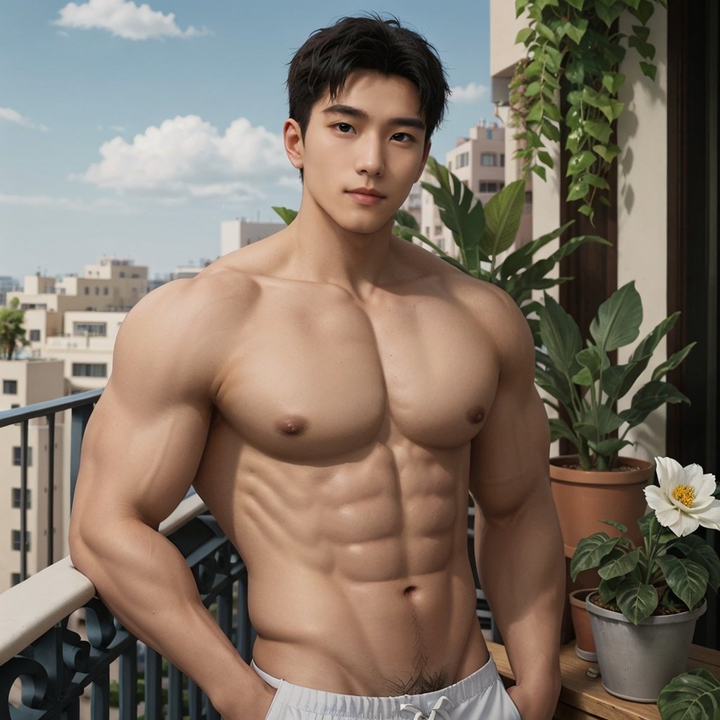  masterpiece, 1 Man, Suit, Outdoor, Light blue sky, balcony, Potted plant, White flower, Body hair, Muscular development