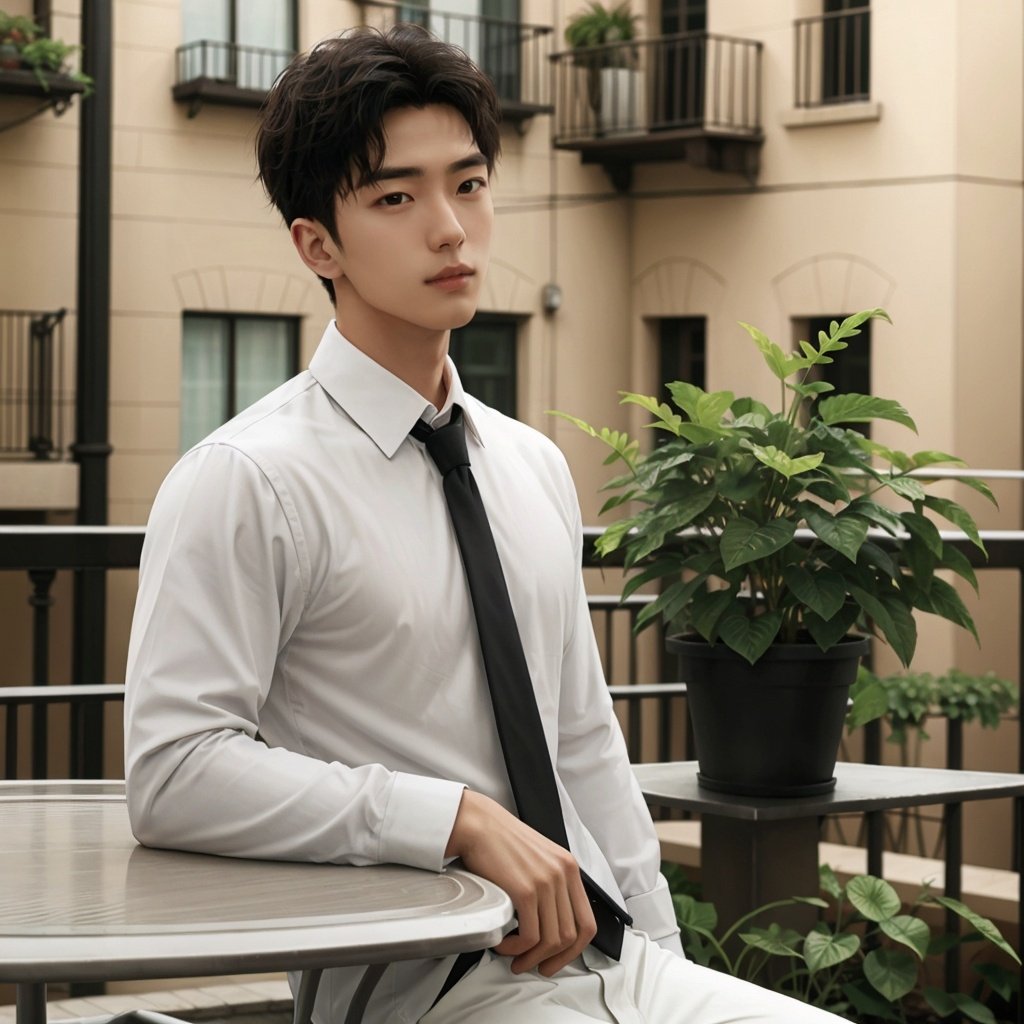 masterpiece, 1 Man, Handsome, Look at me, White shirt, Tie, balcony, Potted plant,