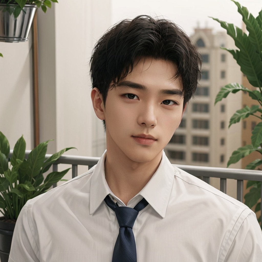 masterpiece, 1 Man, Handsome, Look at me, White shirt, Tie, balcony, Potted plant, Portrait