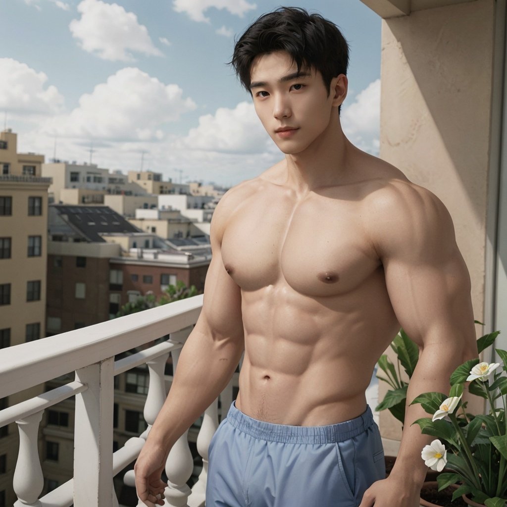 masterpiece, 1 Man, Suit, Outdoor, Light blue sky, balcony, Potted plant, White flower, Body hair, Muscular development