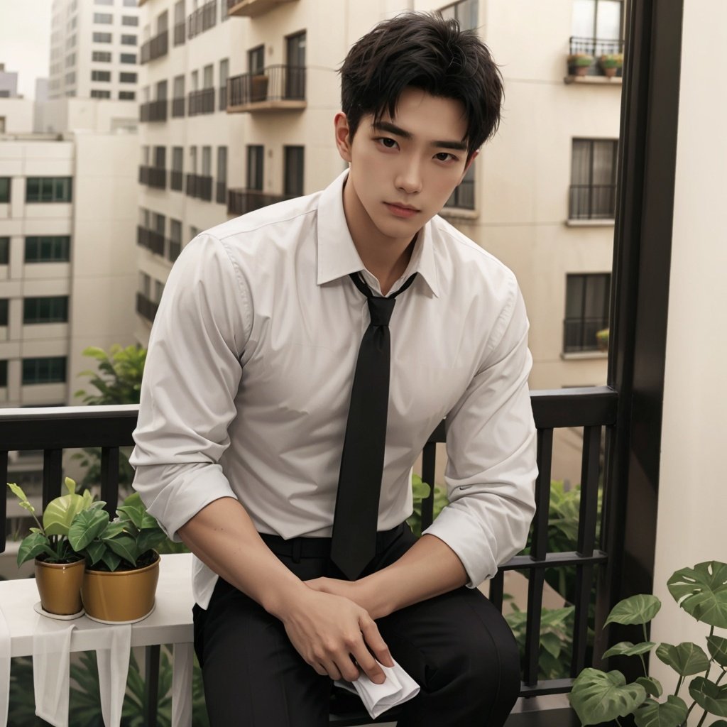 masterpiece, 1 Man, Handsome, Look at me, White shirt, Tie, balcony, Potted plant,