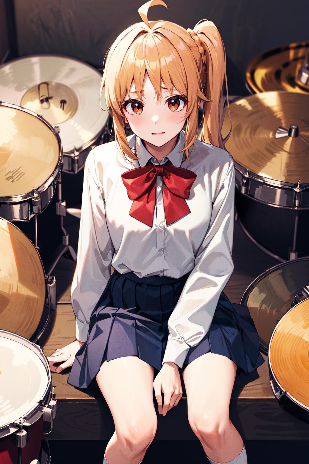 masterpiece, best quality, highres, in1, side ponytail, long hair, ahoge, white shirt, school uniform, blue skirt, long sleeves, red bow, white socks, <lora:ijichi_nijika_1:0.7>, sitting, drum set, drum,