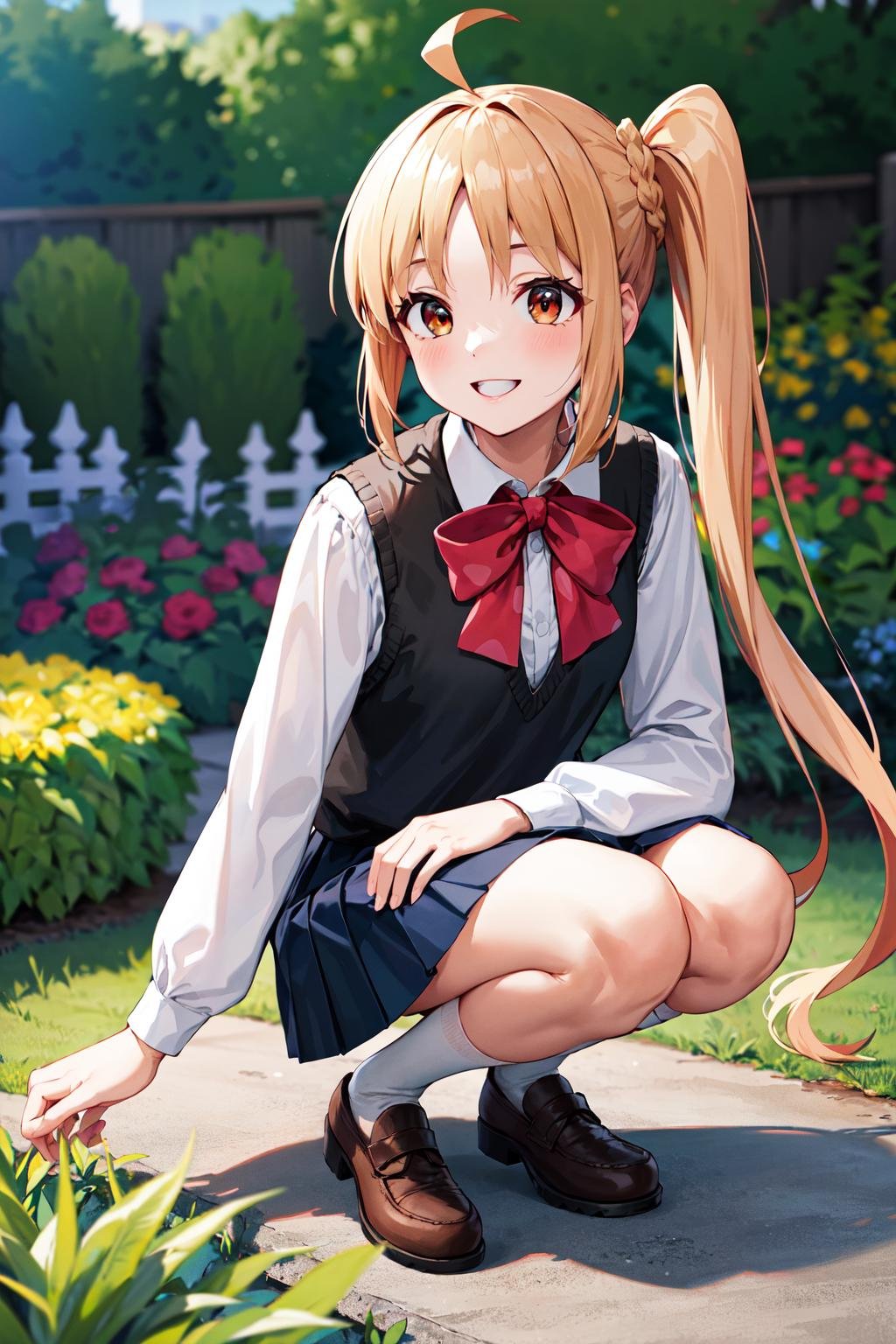 masterpiece, best quality, highres, in1, side ponytail, long hair, ahoge, white shirt, school uniform, blue skirt, long sleeves, red bow, white socks, black vest, <lora:ijichi_nijika_1:0.7>, garden, squatting, smile,