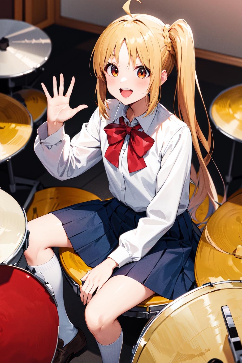 masterpiece, best quality, highres, in1, side ponytail, long hair, ahoge, white shirt, school uniform, blue skirt, long sleeves, red bow, white socks, <lora:ijichi_nijika_1:0.7>, sitting, drum set, drum, waving, smile, upper teeth, 