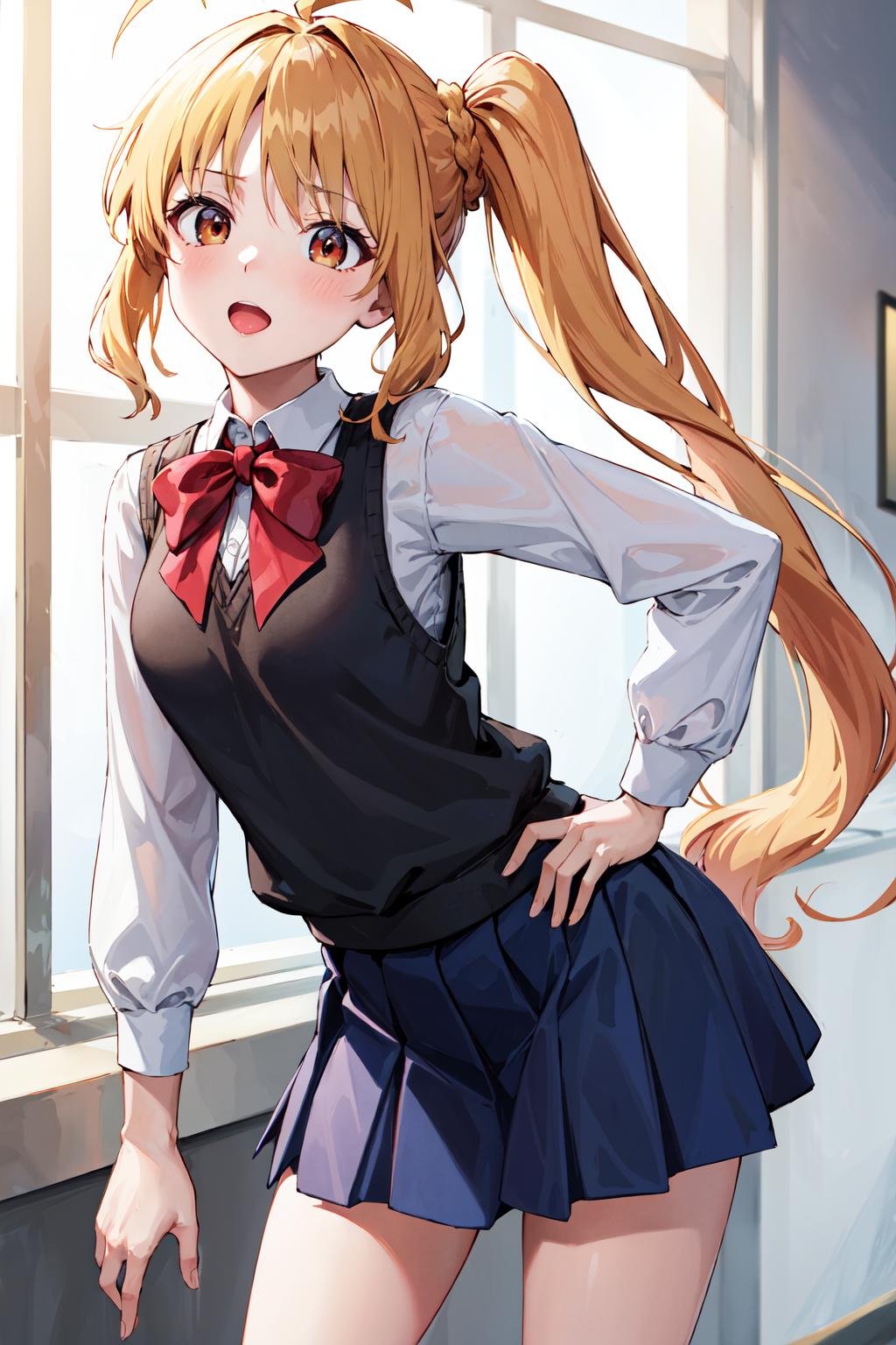 masterpiece, best quality, highres, in1, side ponytail, long hair, ahoge, white shirt, school uniform, blue skirt, long sleeves, red bow, white socks, black vest, <lora:ijichi_nijika_1:0.7>, cowboy shot, standing, hand on hip, pointing, leaning forward, 