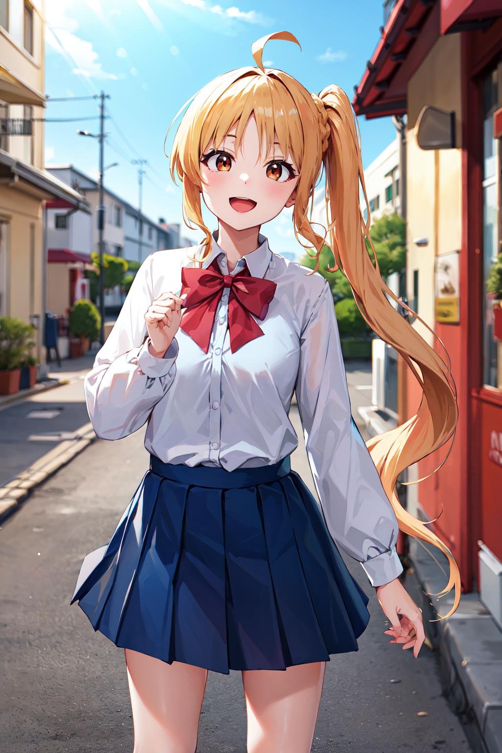 masterpiece, best quality, highres, in1, side ponytail, long hair, ahoge, white shirt, school uniform, blue skirt, long sleeves, red bow, white socks, <lora:ijichi_nijika_1:0.7>, standing, cowboy shot, outdoors, smile, open mouth,