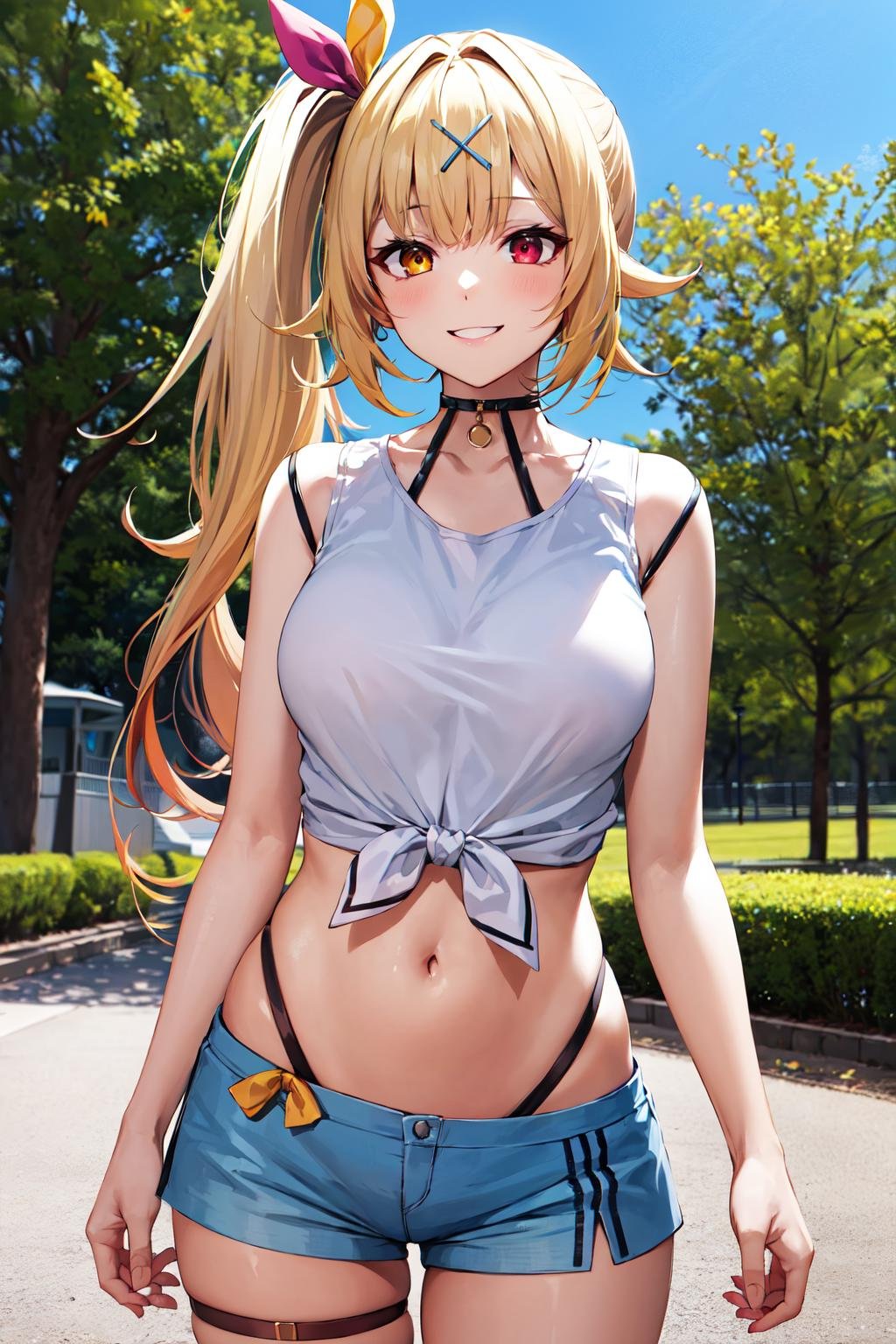 masterpiece, best quality, highres, hs1, red eyes, yellow eyes, side ponytail, x hair ornament, thigh strap, blue shorts, front-tie top, hair ribbon, midriff, short shorts, panty straps, sleeveless, white shirt, black choker, <lora:hoshikawa_sara_v10:0.7>, smile, standing, outdoors