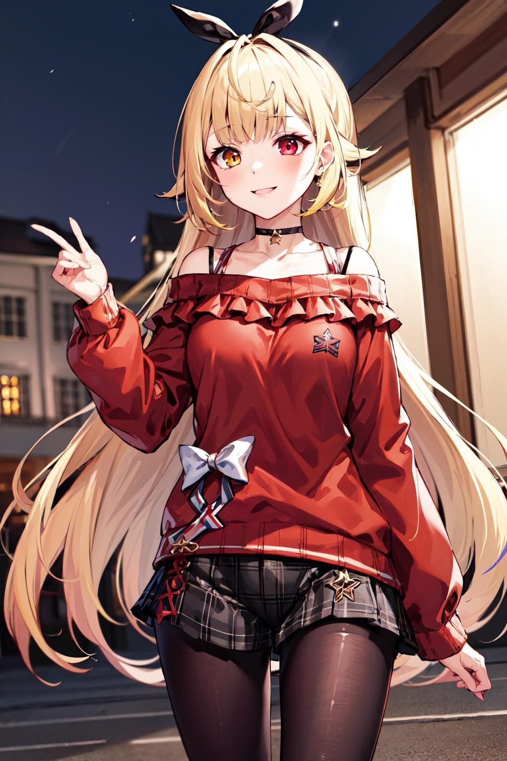 masterpiece, best quality, highres, hs1, red eyes, yellow eyes, hair bow, pantyhose, long sleeves, short shorts, off shoulder, collarbone, plaid, black pantyhose, red sweater, black choker, <lora:hoshikawa_sara_v10:0.7>, cowboy shot, smile, standing,