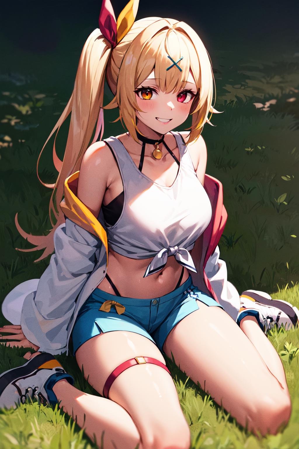 masterpiece, best quality, highres, hs1, red eyes, yellow eyes, side ponytail, x hair ornament, thigh strap, blue shorts, front-tie top, hair ribbon, midriff, short shorts, panty straps, white shirt, black choker, open jacket, <lora:hoshikawa_sara_v10:0.7>, cowboy shot, wariza, field, smile, grass, white footwear, 